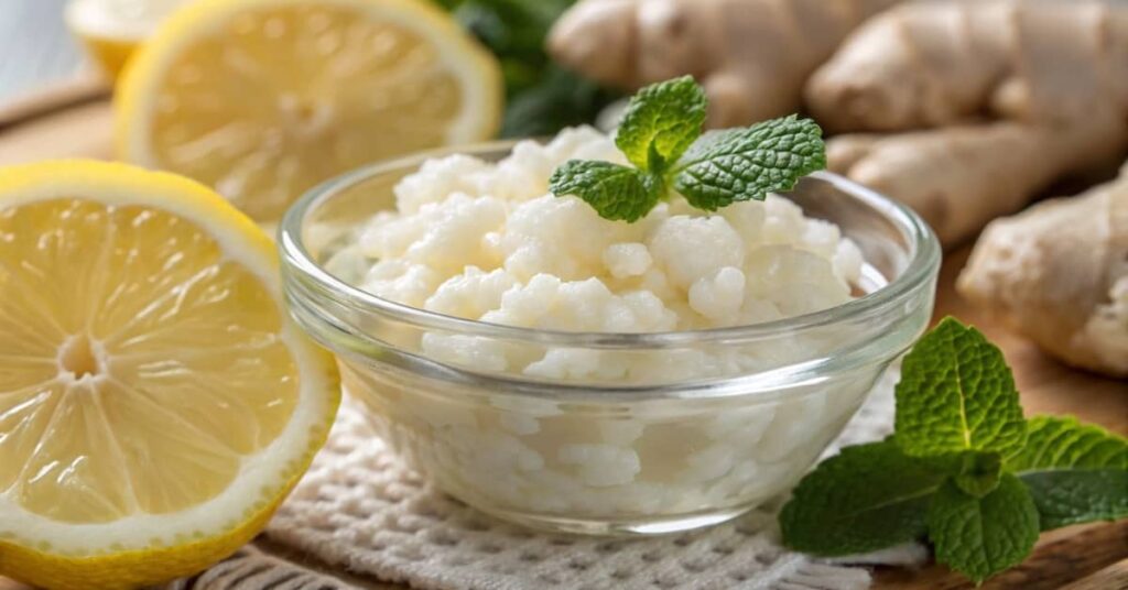 A Bowl Of Kefir Grains Surrounded By Fresh Ingredients.