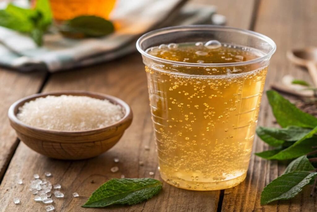 A Glass Of Kombucha With Tea Leaves And Sugar, Highlighting Its Low Caffeine Content