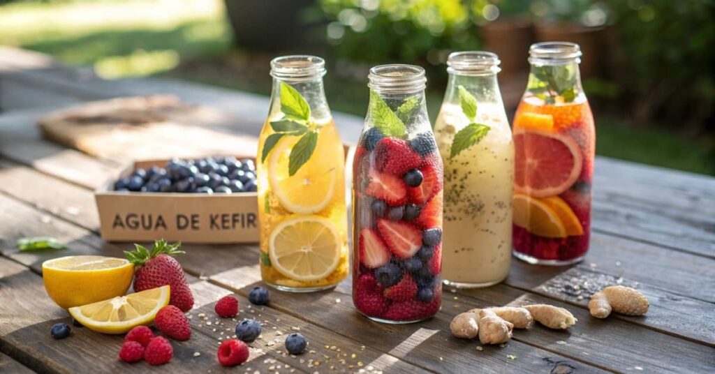 Bottles Of Flavored Agua De Kefir With Fruits And Herbs.
