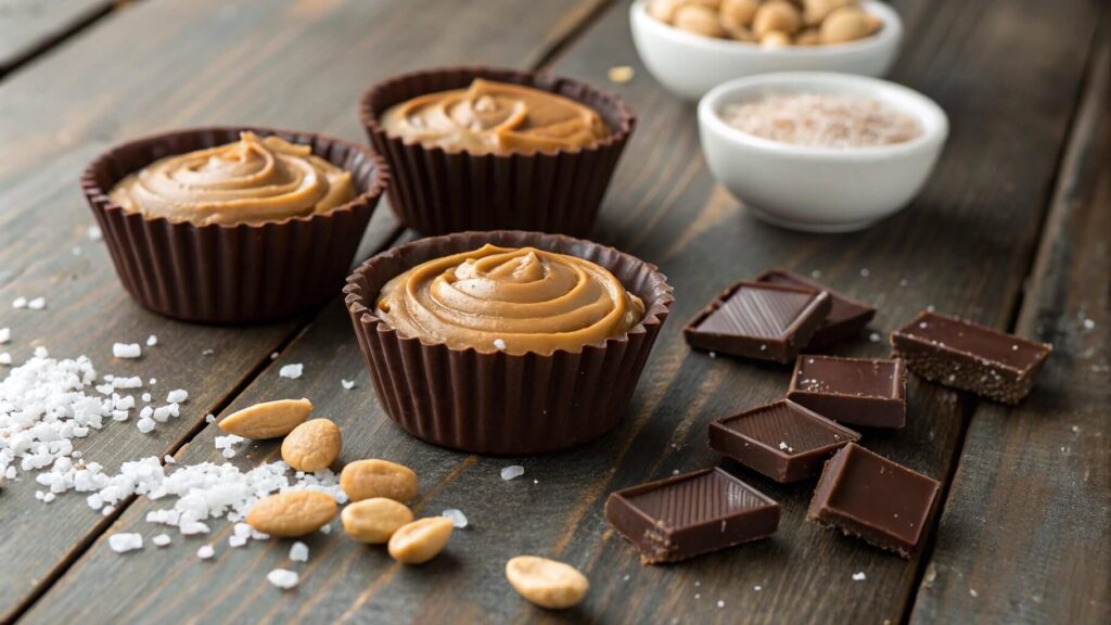 Small chocolate cups with peanut butter filling and a sprinkle of sea salt