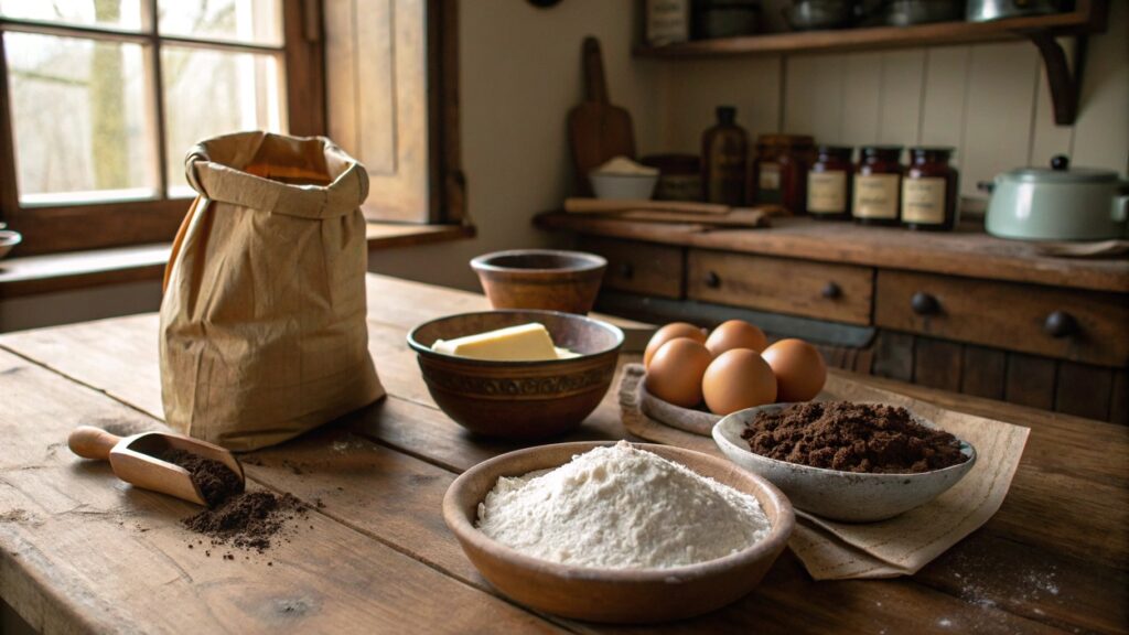 Ingredients for baking chocolate cake on a kitchen counter.