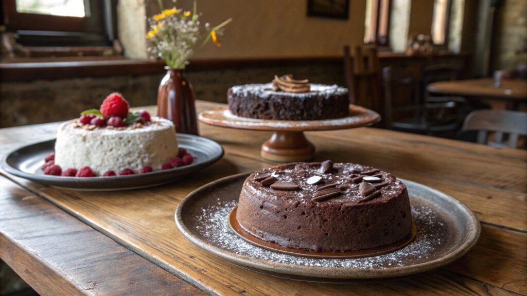Different types of chocolate cakes on a table.