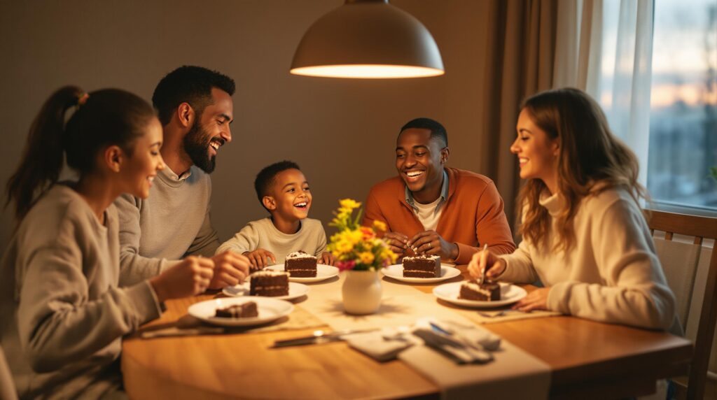Chocolate cake being enjoyed at a family table.