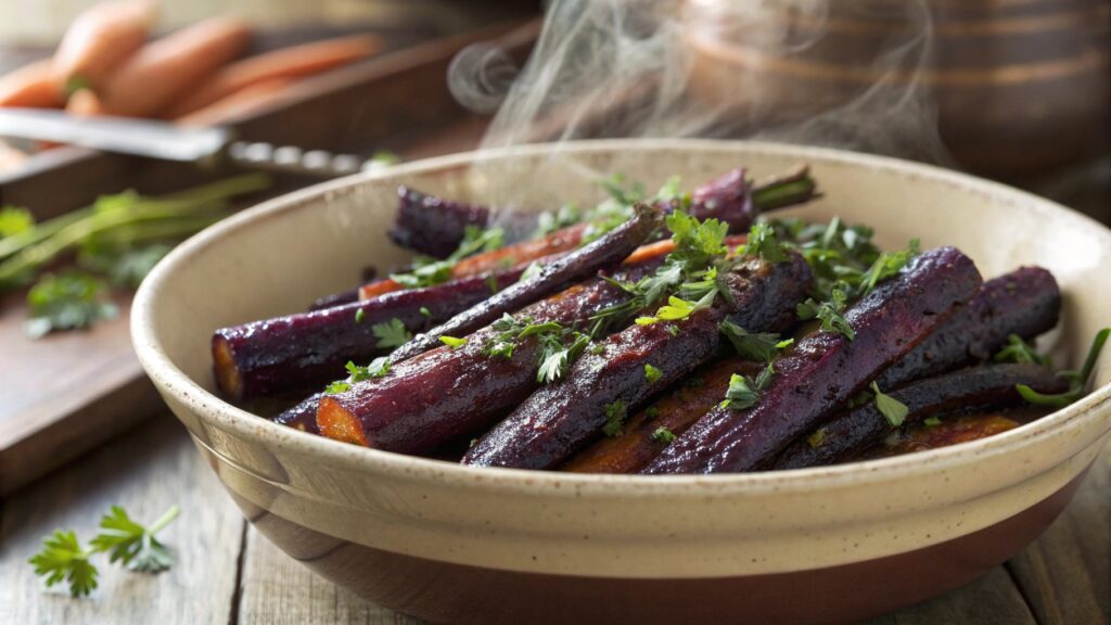 A bowl of roasted purple carrots with herbs
