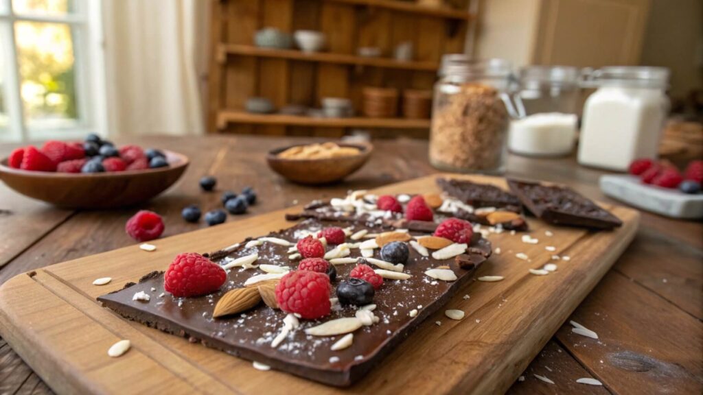 Chocolate bark topped with nuts, berries, and coconut flakes