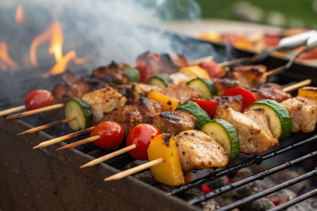 Grilled Meats And Veggies On A Barbecue.