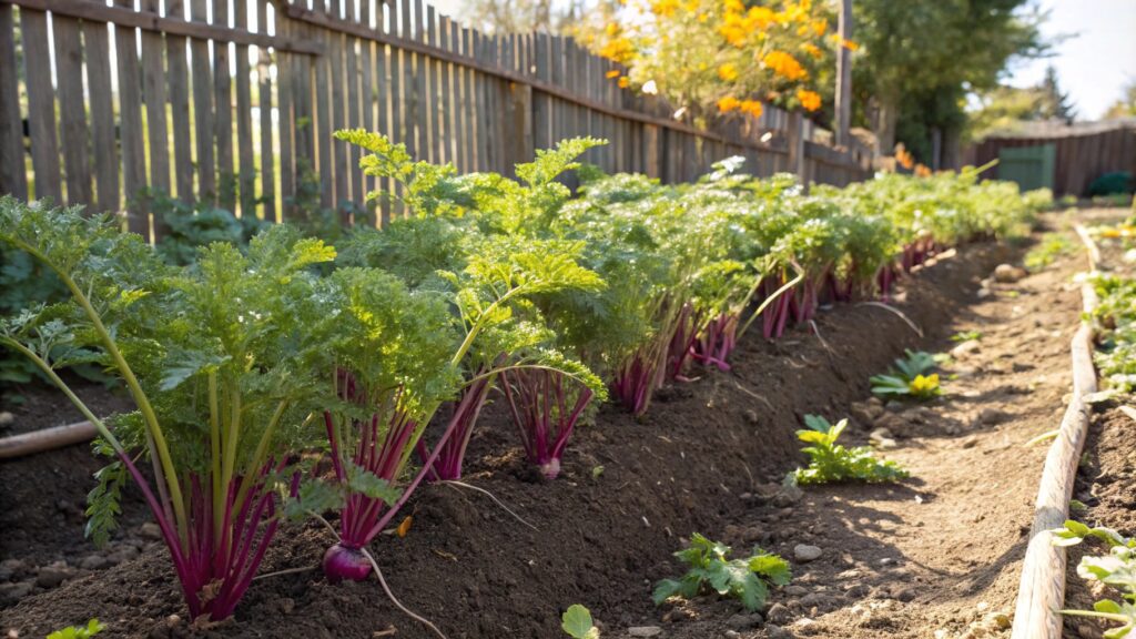 Purple carrot plants in a garden bed