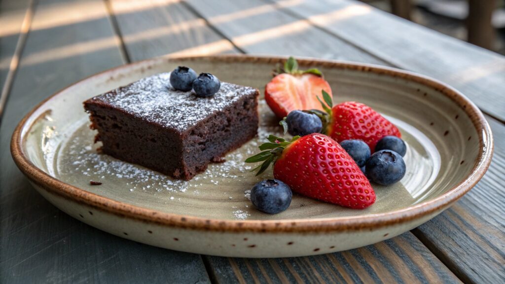 A small slice of chocolate cake with fresh fruit.