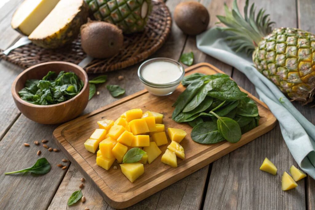 Ingredients for tropical smoothies on a wooden board. Tropical Smoothie Cafe Recipes