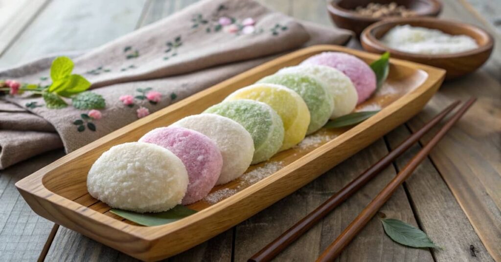 Colorful Korean tteok rice cakes in a bamboo steamer.
