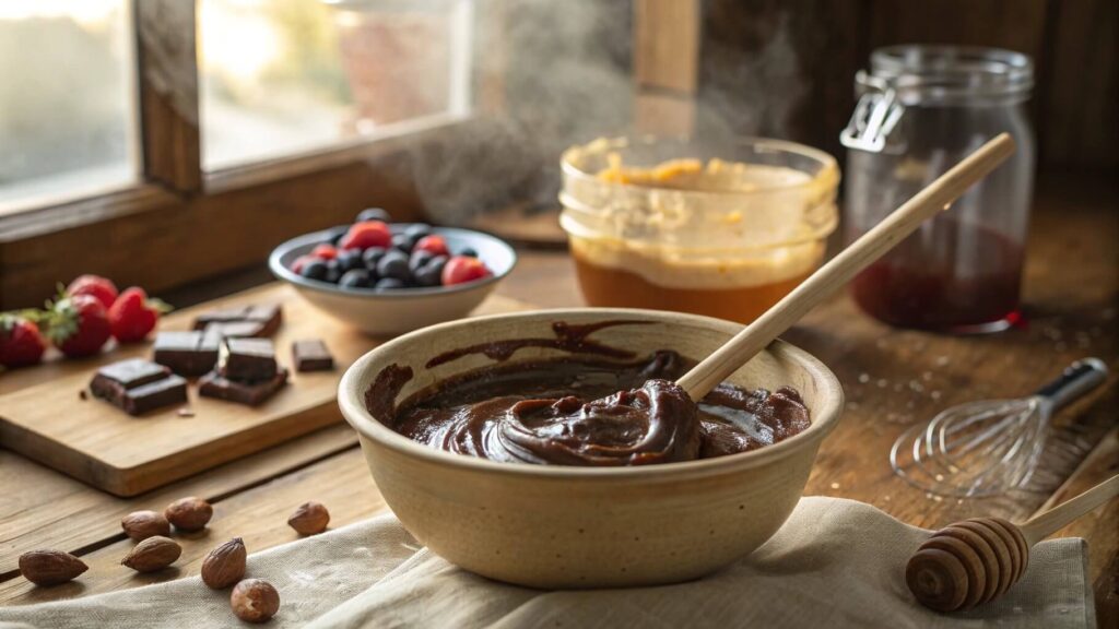 Melting chocolate in a bowl with a spoon mixing peanut butter into it