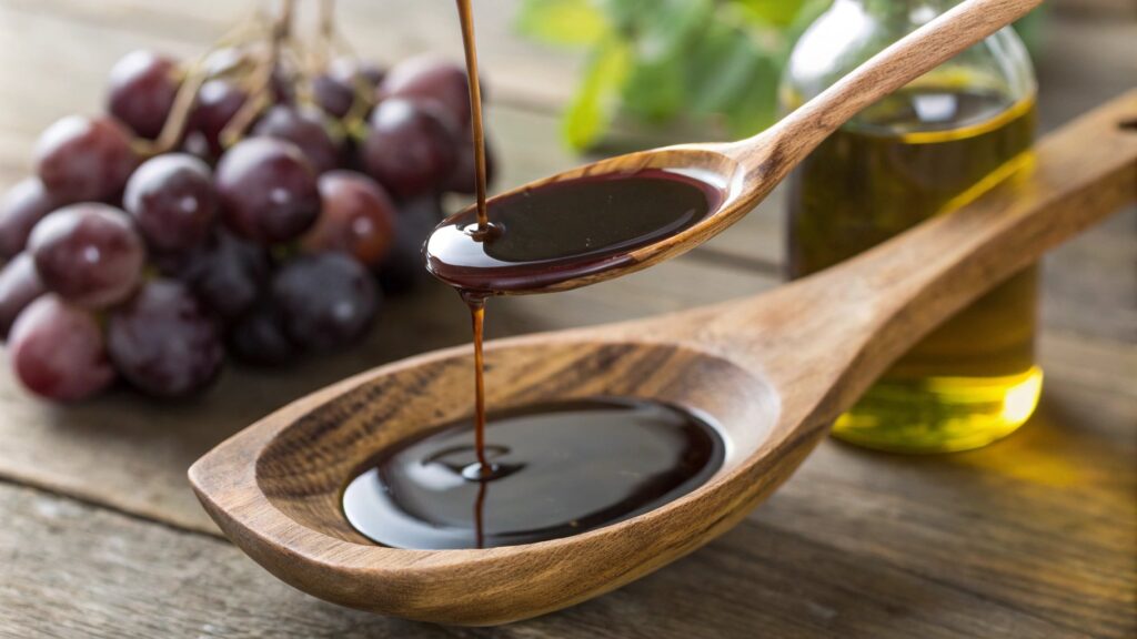 A spoon of balsamic vinegar highlighting its rich texture.