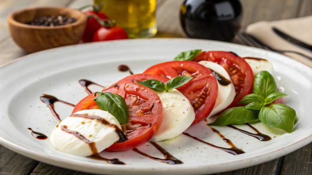 Drizzled balsamic vinegar on a caprese salad.