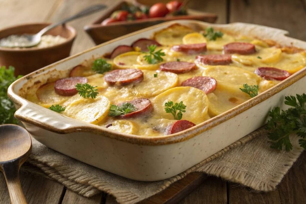Creamy Kielbasa And Potato Casserole With Melted Cheese