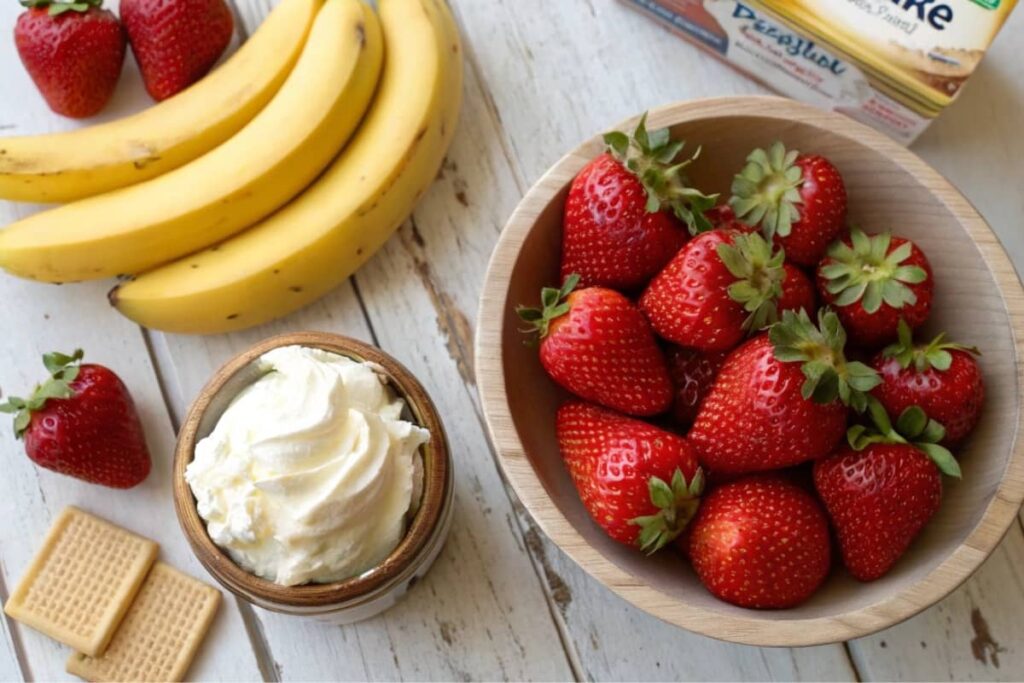 Ingredients For Strawberry Banana Pudding On A Rustic Table.