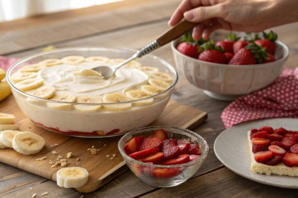Layering Strawberry Banana Pudding With Fruit And Wafers.