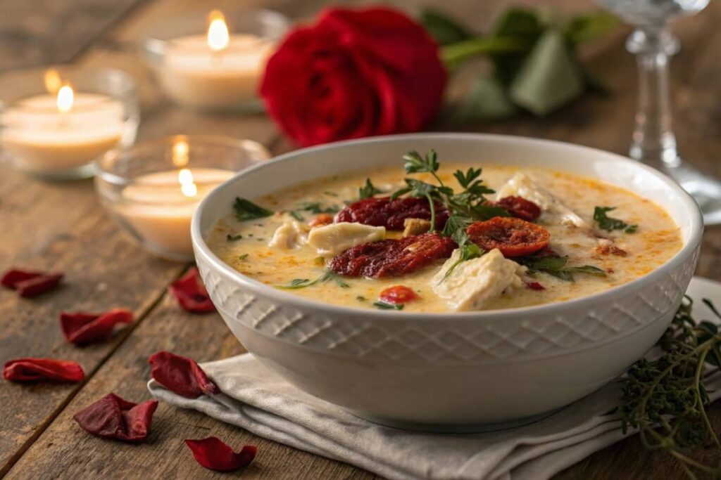 Marry Me Chicken Soup Served At A Romantic Dinner.