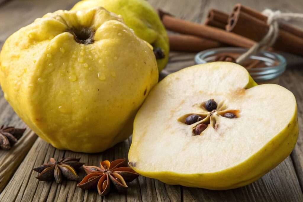 Fresh Quince Fruit Cut Open To Show Its Texture.